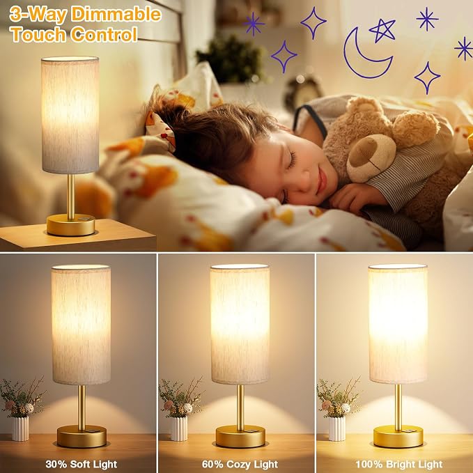 Dicoool Small Touch Bedside Lamp with USB - 3 Way Dimmable Gold Table Lamp for Bedroom, Nightstand Lamp with Gold Charging Station for Desk Dorm, Office