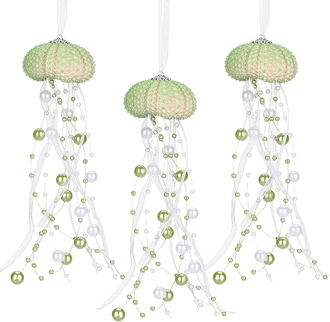 3 Pcs Sea Urchin Jellyfish Christmas Ornament Coastal Beaded Beach Theme Holiday Decorations Ocean Inspired Elegant Hanging Jellyfish Decorations with Crystal and Ribbons (Green)