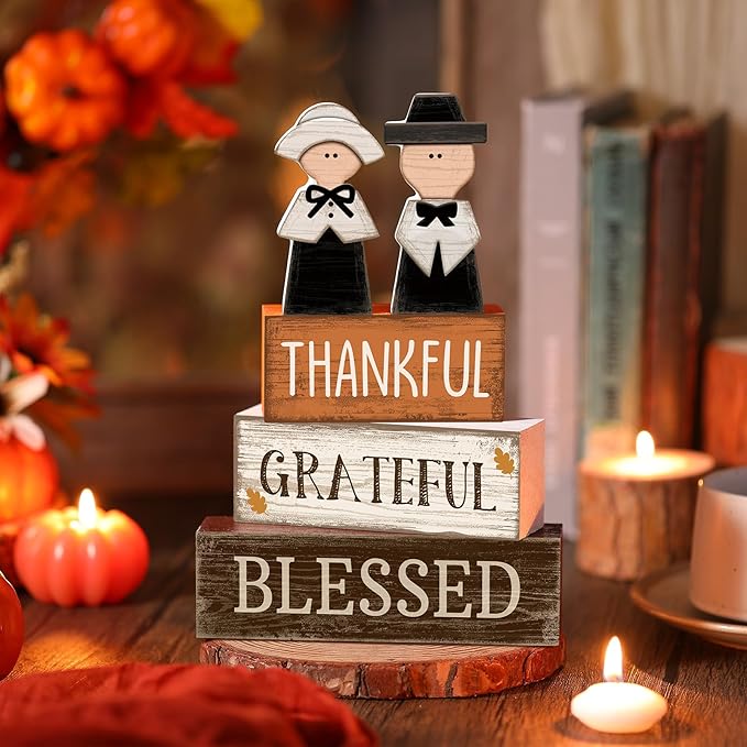 Lineshading 4 Pcs Fall Table Decoration Wooden Pilgrim Couple Decor Thanksgiving Tiered Tray Decor Fall Centerpiece Rustic Decorative Pilgrim Block Signs Gift Farmhouse for Home Kitchen Shelf