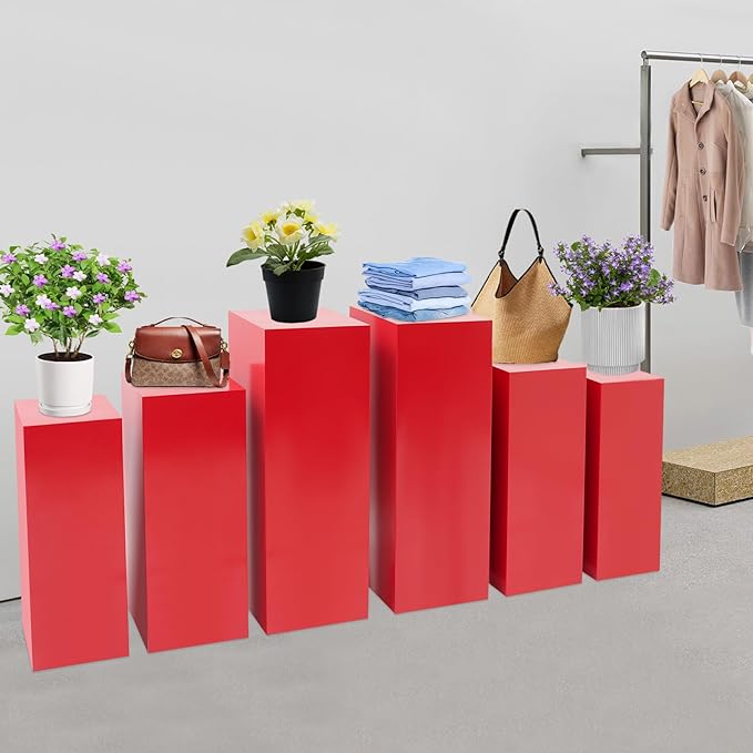 6 PCS Display Pedestal Stand, Metal Display Pedestal Stands Decoration Cube Sculpture Displays Column Square Displays Stands Pillars for Wedding Party Baby Shower Birthday (Red, 6PCS)
