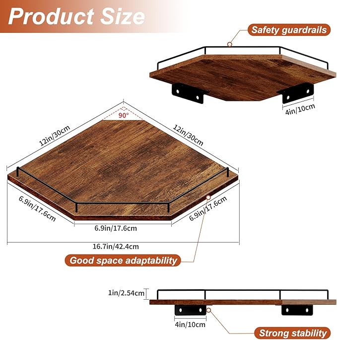 JJL Corner Shelf Wall Mounted, 12 Inches 3-Tier Floating Corner Shelf, Hexagon Rustic Wood Decor with Fence, Brown Storage Organizer for Apartment Bedroom Kitchen Bathroom