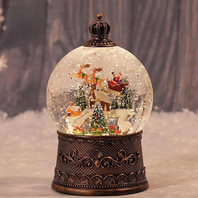 Snow Globe Christmas with Elk, Lighted Christmas Snow Globes with Timer, Swirling Musical Glittering Snowglobe Lantern for Decorations(SnowTrain Elk)