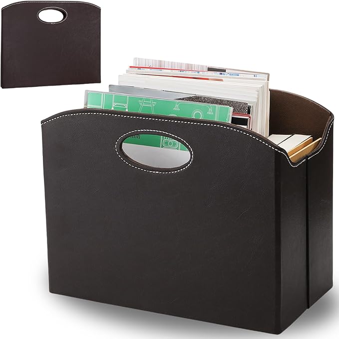 WRINGKIT Leather Magazine File Holder, Foldable Magazine Basket with Handles, Stable Brown Magazines Rack Floor, Document File Folder Organizer Box, Books Newspaper Storage Bin for Office Home School