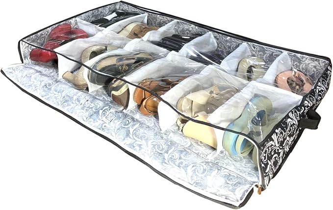 Men/Woman 12 Cells See Through Underbed shoes and boots Storage Bag Organizer with black and white flower (black)