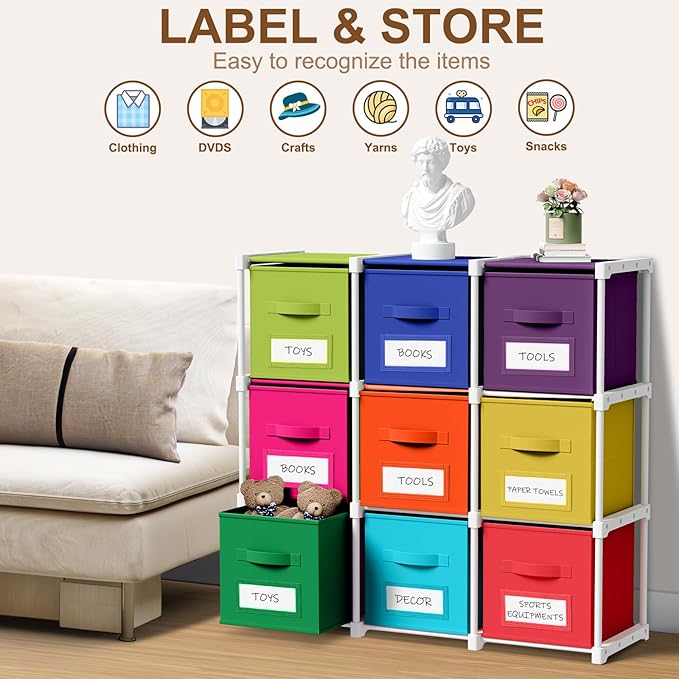 Geelin 9 Cube Toys Storage Organizer with Fabric Bins and Labels, 11 Inch Collapsible Cubby Storage Drawers Colorful Dresser with Shelf for Playroom Nursery Closet Bedroom Dorm Decor