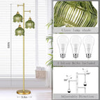 QIYIZM Gold Floor Lamp for Living Room,Bedroom,Mid Century Modern Standing Lamp Brass Tree 3 Light Tall Floor Lamps Vintage Retro Floor Lights Glass Green Flower Lamp Shade Farmhouse Boho Bohemian