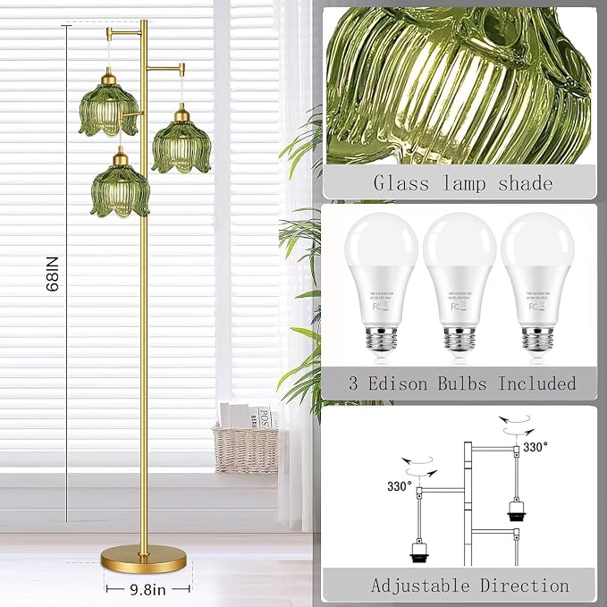 QIYIZM Gold Floor Lamp for Living Room,Bedroom,Mid Century Modern Standing Lamp Brass Tree 3 Light Tall Floor Lamps Vintage Retro Floor Lights Glass Green Flower Lamp Shade Farmhouse Boho Bohemian