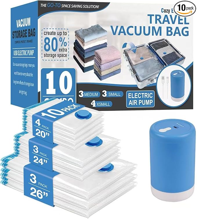 Cozy Essential Travel Vacuum Storage Bags with Rechargeable Cordless Electric Pump, Space Saver Bags for Luggage, Suitcase, Carry-On, for Clothes, Blankets, Comforters, Pillows, 10 Combo