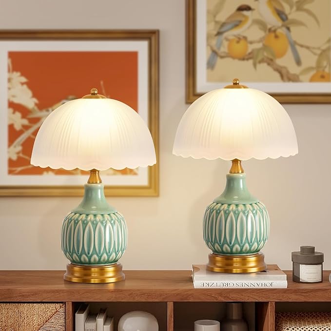 Table Lamps Ceramic Retro Lamp for Living Room,15.7" Modern Bedside Nightstand Traditional Lamps, Classic Chinoiserie Green Glass Lamp for Home (Retro)
