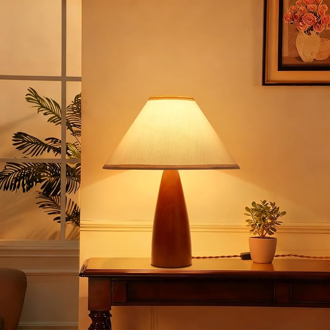 Bedside Table Lamp for Bedroom, Mid-Century Modern Plug in Fabric Shade & Solid Wood Base Desk Lamp, Plug & Play Red Wood Nightstand Lamp for Living Room 【Bulb Included】