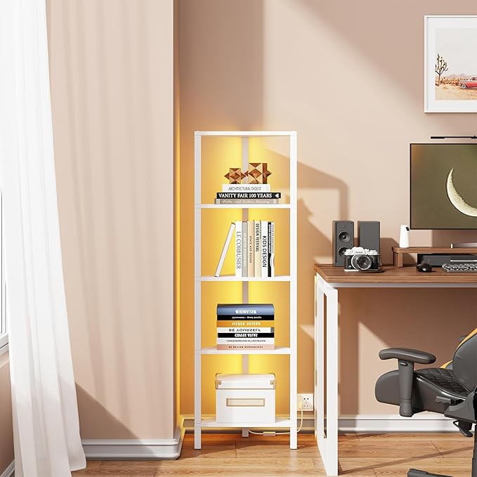 TUTOTAK Corner Shelf with LED Light, 5-Tier Corner Bookshelf for Small Space, Narrow Display Corner Shelf Stand with Storage Rack, for Living Room, Bedroom, White BS05BW005L
