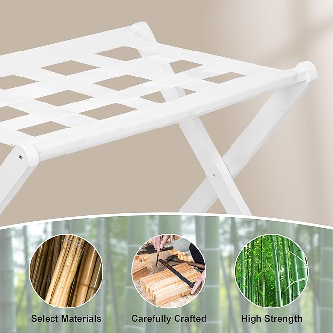 VASMIA Luggage Rack,Bamboo Suitcase Stand with Storage Shelf,Folding Luggage Stand for Guest Room,Hotel,Bedroom,Heavy-Duty, Holds up to 131 lb, White