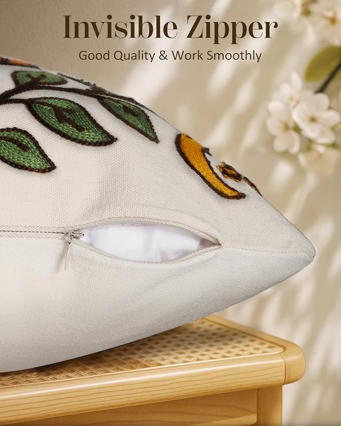 Embroidered Throw Pillow Cover 20x20 Inch - Spring Summer Boho Decorative Pillow Cover with Zipper for Living Room Couch Sofa Bed Aesthetic Design Sunflower Moon Cushion Pillowcase