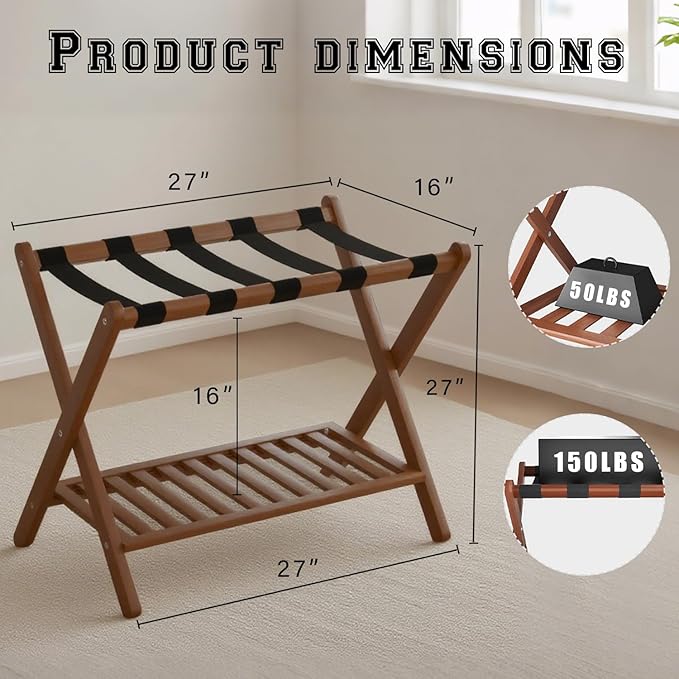 Bamboo Luggage Rack with Shoe Shelf Folding Suitcase Stand with 5 Heavy-Duty Straps for Guest Room Living Room Hotel Ideal Luggage Holder for Suitcases Bags Shoes,Walnut Brown