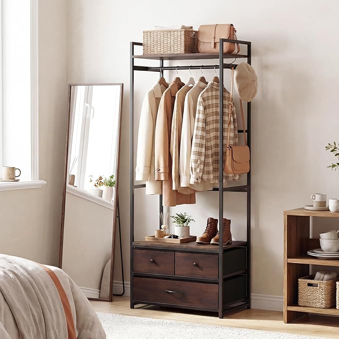 Tangkula Freestanding Small Clothes Rack, Heavy Duty Coat Rack with Drawers, Shelves, Hooks & Hanging Rod, Metal Closet Organizer Garment Rack, Industrial Hall Tree for Entryway, Hallway, Bedroom