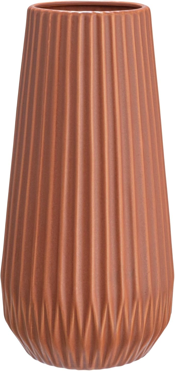 Bloomingville Round Stoneware Fluted Vase with Embossed Lines, Matte Terracotta