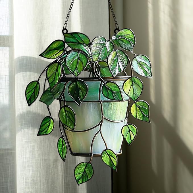 Cascading Ivy Leaf Acrylic Suncatcher, Boho Suncatchers for Window Hangings, Stained Glass Effect Indoor Outdoor Garden Decor for Monstera Lover, Gifts for Mother's Day, Mom, Grandma, Wife, Women
