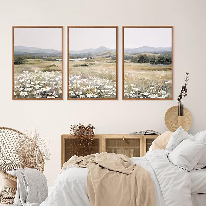 KAIRNE Landscape Canvas Wall Art,Boho Floral Prints Set of 3(16”X24”),Flower Garden Paintings,Wildflower Field Scene Wall Decor,Botanical Art for Living Room Bedroom Kitchen Farmhouse Decor,Framed