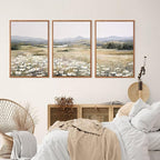 KAIRNE Landscape Canvas Wall Art,Boho Floral Prints Set of 3(16”X24”),Flower Garden Paintings,Wildflower Field Scene Wall Decor,Botanical Art for Living Room Bedroom Kitchen Farmhouse Decor,Framed