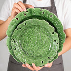 KAMMAK Ceramic Decorative Plate Set of 2, Porcelain Plates for Kitchen Dining Room Wine Cabinet Home Decor, Vintage Collector Plates with 2 Display Stand, Green Leaves (8-inch + 10-inch)