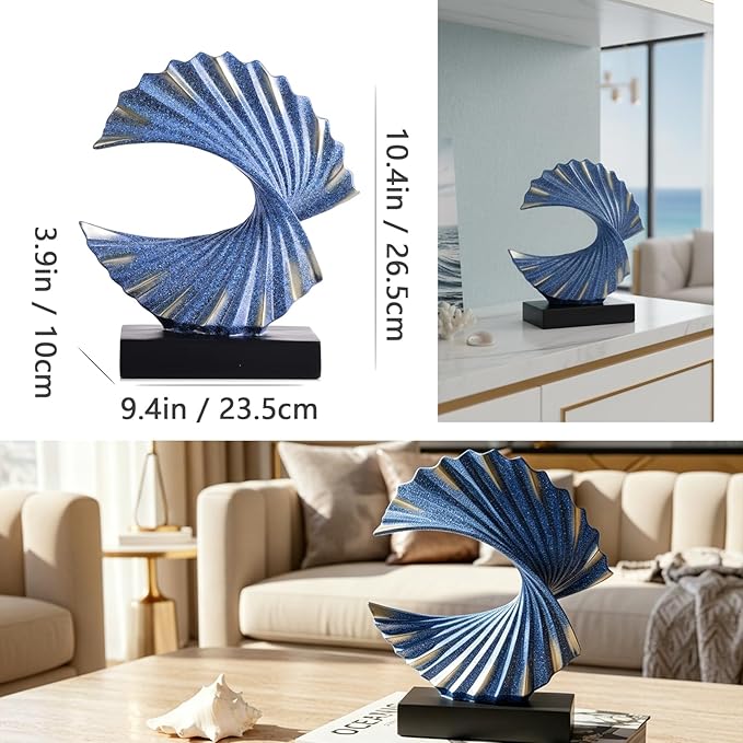 Blue Gold Wave Sculpture, Modern Ocean Wave Home Accents, Resin Art Statue for Shelf, Coffee Table, TV Stand Adornos Modernos