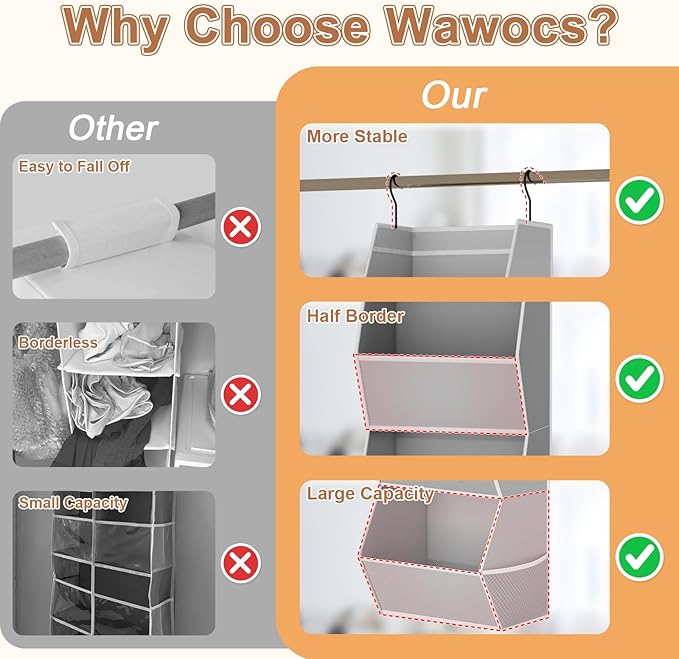 Hanging Closet Organizer 3 Shelf Collapsible Bedroom Closet Organizers and Storage Hanging with Mesh Pockets for Clothes, Fabric Hanging Storage Bins for Wardrobe Closet Organization and Storage, Grey