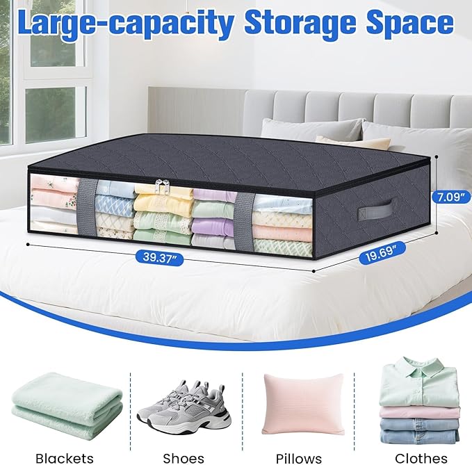 Under Bed Storage Containers, 8 Pack Blanket Storage Bags, Collapsible Storage Bags with Big Zippers, Clear Front, Shoe Storage and Organization for Clothes, Comforter, 90L, Grey