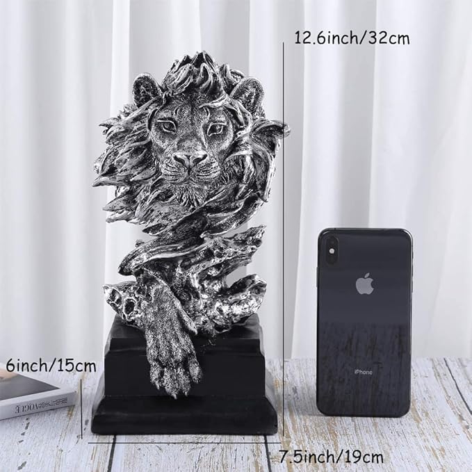 H&W Sandstone Lion Figurines - The King of Beasts - Statue Decoration for Home/Study/Living Room, Great Collectible Figurines, Best Gift for The Man, Silver Color (HH17-D3)