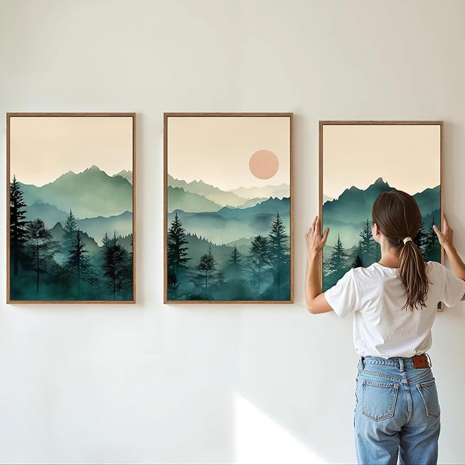 SIGNINART Large Boho Mountain Framed Canvas Wall Art Set, Nature Pine Tree Wall Painting, Abstract Foggy Forest Wall Decor, Modern Sunrise Art Prints for Bedroom Living Room and Office - 24"x36"x3