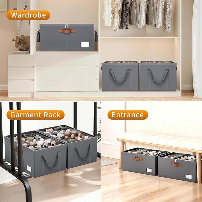 2 Pack Shoe Organizer for Closet, Foldable Shoe Storage Organizer with Clear Cover, Lable and Reinforced Handles, Space Saving Shoes Box Fits up to 20-40 Pairs, Gray