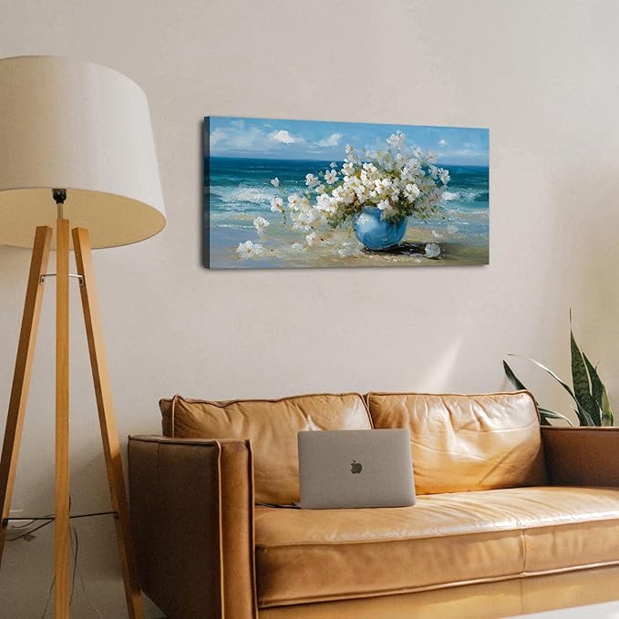 AIYISU Vintage Flowers Canvas Wall Art White Blossom Painting Retro Flowers in Blue Vase Pictures Blue Ocean Coastal Landscape Prints Poster Floral Artwork for Bathroom Bedroom Home Decoration 20x40
