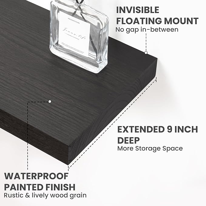 Solid Wood Floating Shelves For Wall, 36”W x 9”D x 1.56”H Large Wall Shelves for Living Room Bedroom Bathroom Kitchen Drcor Storage with Invisible Heavy-Duty Metal Bracket, Carbonized Oak, 2 Pack