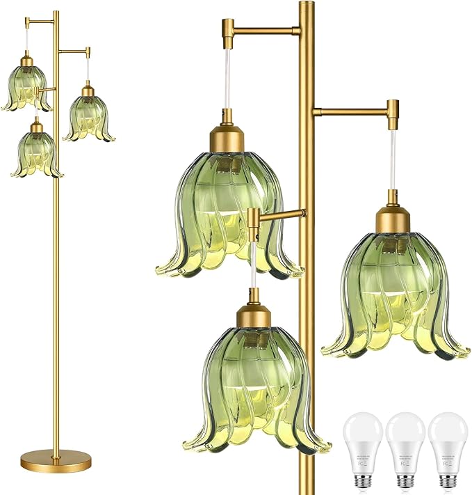 QIYIZM Gold Floor Lamp for Living Room,Bedroom,Tree 3 Light Standing Lamp Mid Century Modern Brass Tall Floor Lamps Vintage Retro Floor Lights Green Glass Flower Lamp Shade Farmhouse Boho Bohemian