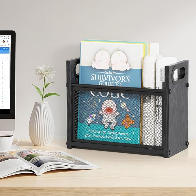 Black Magazine Holder, Wood Magazine Rack Floor, Mesh Magazine File Holder, Magazine Storage Basket, Magazine Holders for Classroom, Magazine Stand for Desk, Folder Organizer Bin for Books
