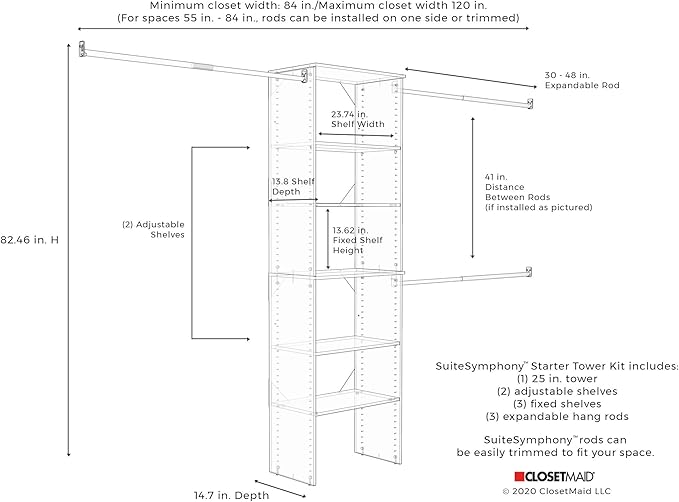 ClosetMaid SuiteSymphony Wood Closet Organizer Starter Kit with Tower and 3 Hang Rods, Shelves, Adjustable, Fits Spaces 5 – 10 ft. Wide, Natural Gray