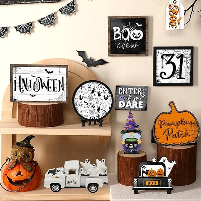 Halloween Decorations - Mini Cute Farmhouse Style Halloween Metal Truck Decor with 3 Removable Mini Ghost Ornaments for Tabletop, Tiered Tray, Shelf, Fireplace and Home Indoor Décor