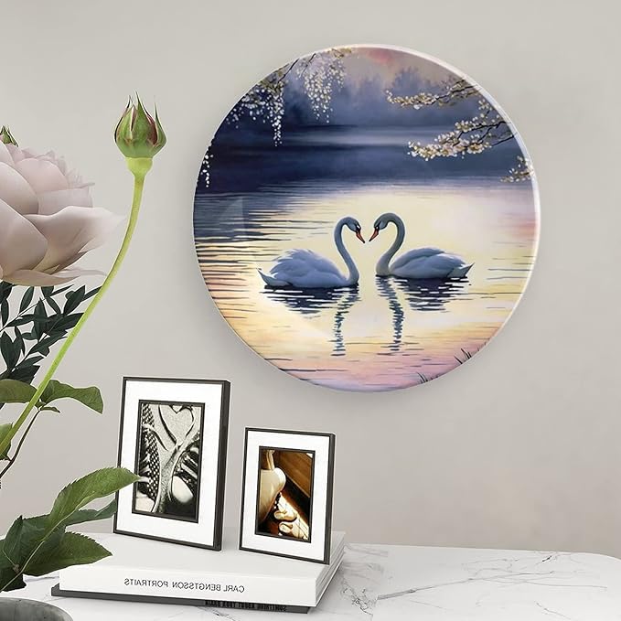 Decorative Plates for Home, Sunset Couple Swans Lake With Tree Painting Tray for Table Display, Ceramic Dinner Plate W/Stand, Living Room Dining Room, Housewarming Gifts, 8 Inch