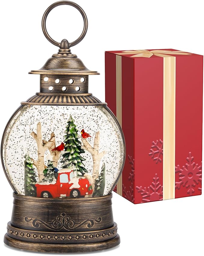Red Truck Christmas Snow Globes, Light Up Musical Snow Globe Christmas Decorations, 6H Timer, USB/Battery Operated, Red Truck Indoor Home Décor