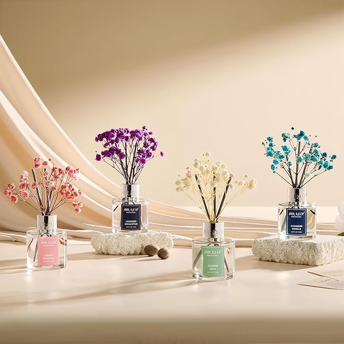 Airkeep Reed Diffuser Set,1.69 fl oz (50 ml) - Cashmere Vanilla Oil Diffusers with 8 Reed Sticks,Home Fragrance Reed Diffuser for Bathroom Shelf Decor