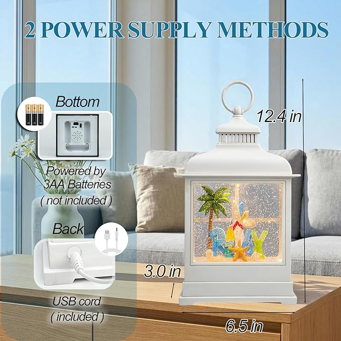 Tropical Beach Vacation Themed Snow Globe Lantern with Music - USB or Battery Powered Light Up Water Lantern with Surfboard Swirling Glitter Water Globe Costal Ocean Decor (Coconut Tree)