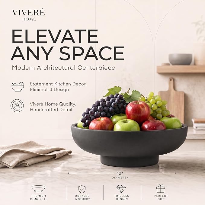 12" Concrete Extra Large Fruit bowl for Kitchen Counter, Coffee Table Decor, Decorative Key Bowl, Home Décor Accents, Kitchen Counter Decor Black
