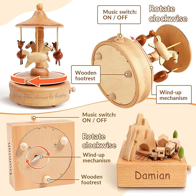Personalized Wooden Carousel Music Box - Custom Name Gift for Friends, Birthday Christmas Valentine's Day Gift Home Decoration | Hand-Cranked Rotating Music Box