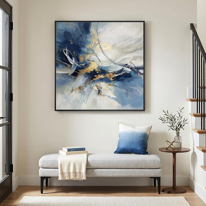 Framed Abstract Wall Art, Modern Blue White Gold Canvas Prints Artwork for Walls, Contemporary Minimalist Square Pictures for Living Room Bedroom Dining Room Hallway Office Home Decor, 30x30 In