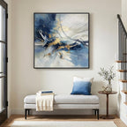 Framed Abstract Wall Art, Modern Blue White Gold Canvas Prints Artwork for Walls, Contemporary Minimalist Square Pictures for Living Room Bedroom Dining Room Hallway Office Home Decor, 30x30 In