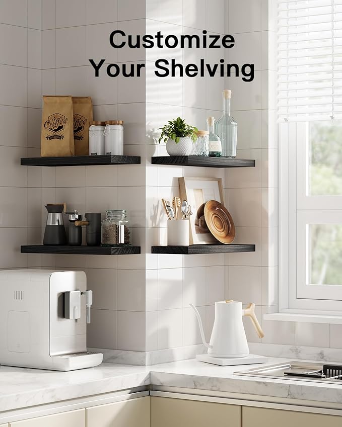 AMADA HOMEFURNISHING Floating Shelves, Paulownia Wood Wall Shelves for Bathroom/Living Room/Bedroom/Kitchen/Home Office, Natural Wood Floating Shelf for Home Storage & Organization, Set of 4, AMFS40B