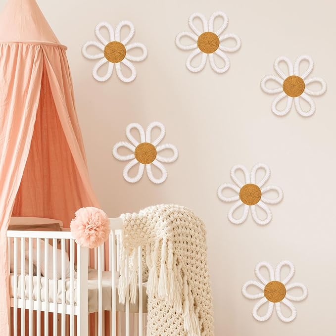 Zeyune 6 Pcs Boho Nursery Daisy Flower Wall Art Decor Woven Macrame Wall Pediments Boho Daisy Floral Nursery Art Decor for Home Bedroom Decorations(White,Yarn and Cotton Rope)