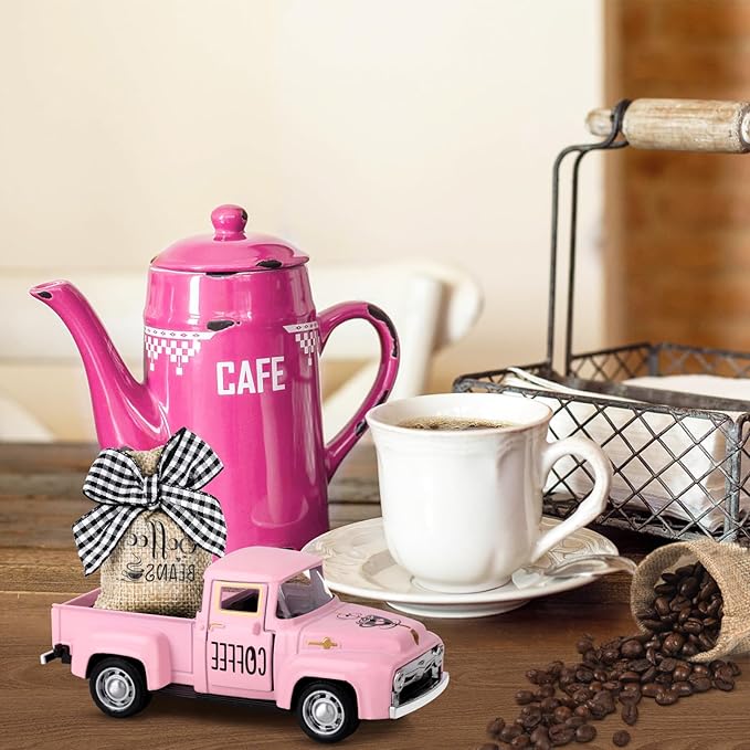 Coffee Decor for Coffee Bar Metal Truck with Coffee Beans Burlap Sack Vintage Pickup Mini Diecast Truck for Farmhouse Coffee Station Home Coffee Bar Tabletop Decorations (Pink)