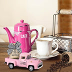 Coffee Decor for Coffee Bar Metal Truck with Coffee Beans Burlap Sack Vintage Pickup Mini Diecast Truck for Farmhouse Coffee Station Home Coffee Bar Tabletop Decorations (Pink)