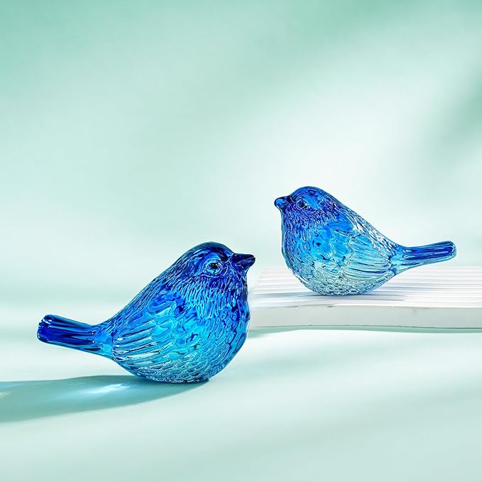 H&D HYALINE & DORA 3" Blue Glass Bird Figurine Miniature Blown Glass Birds Bird Gifts for Bird Lovers Women Men Animals Collectible Figurines for Desk Table Decor(Set of 2)