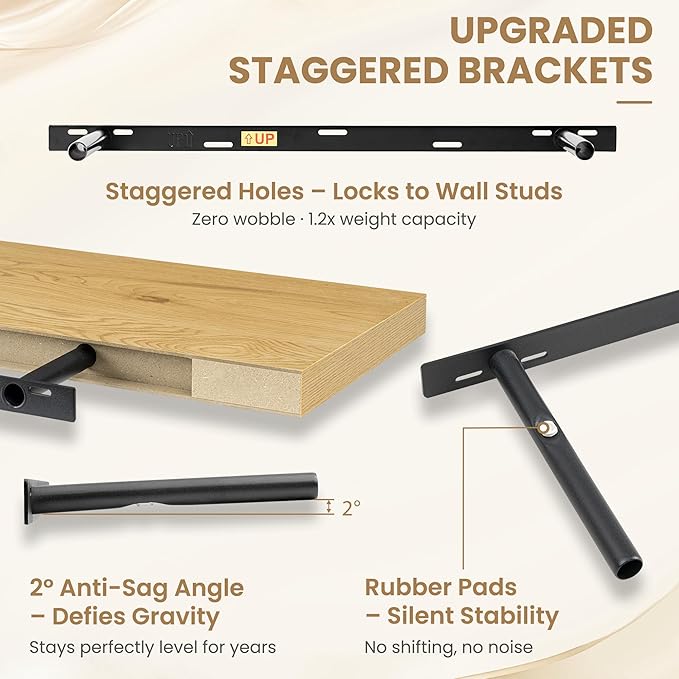 FLYJOE 36 Inch Long Floating Shelves for Wall Set of 2, 12" D Wood Grain Bathroom Shelves with Invisible Brackets, Easy Install Engineered Wood Storage Shelves for Kitchen, Living Room, Bedroom